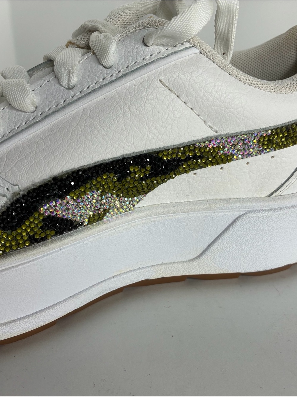 Custom Rhinestone Camo Puma White Platform Sneakers with - Picture 4 of 6